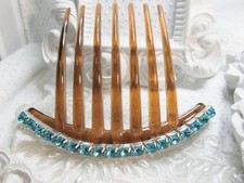 6 mm Aquamarine color Rhinestones Large French Hair Comb, Aqua Rhinestone Comb