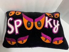 Halloween Pillow Spooky Eyes Purple Glitter Black Velvet 20” X 14” Accent Scary