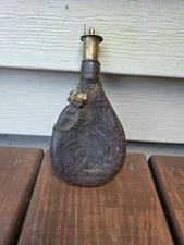 RARE ANTIQUE EMBOSSED LEATHER BLACK POWDER SHOT POUCH WITH BRASS SPOUT