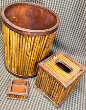 Lot of Bamboo Reed Wood Bathroom Accessories Trash Can Tissue Box Jewelry Dish