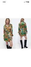 ZARA Moody Floral Bell Sleeve Satin Effect Wrap Mini Dress Size XL