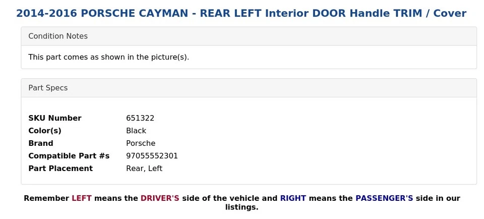 Porsche Cayman 2014-2016 - interior trasero izquierdo manija puerta moldura/cubierta Foto 3 de 4