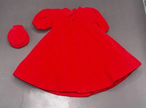VINTAGE BARBIE DOLL FASHION CLOTHES 939 RED FLARE VELVET COAT SET HAT  1960s