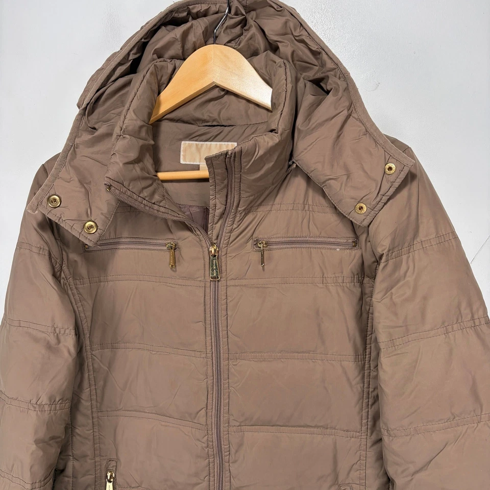 Michael Kors Long Down Insulated Puffer Coat Women Medium Brown Removable Hood - Image 3 of 4