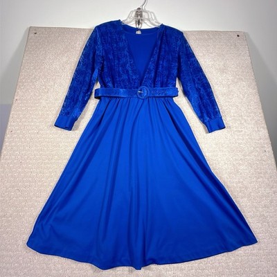 Vintage Blair Dress Women's Size 16 Blue Floral Draped Belted