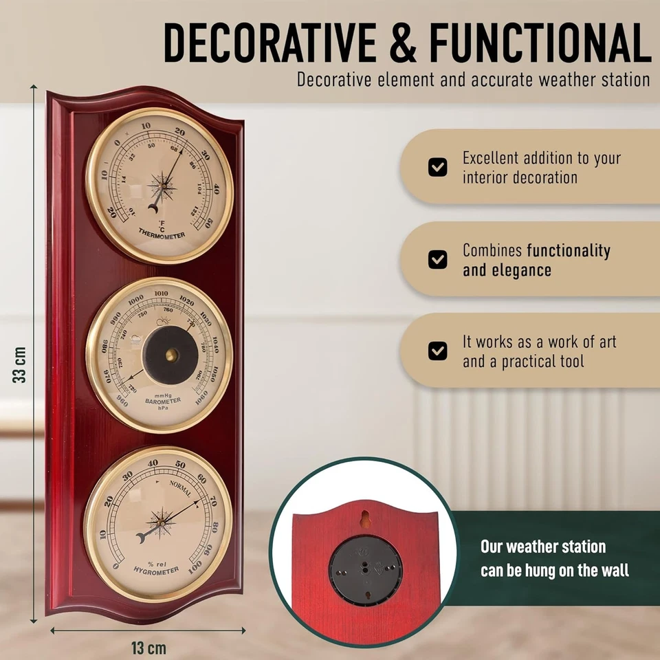 Estación Meteorológica Analógica Clásica-Barómetros Hogar-Interior Marrón y Dorado Foto 4 de 4