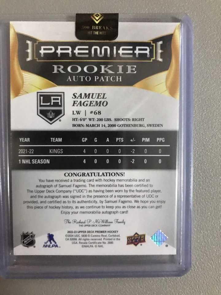 2024 UD PREMIER#AR-SF SAMUEL FAGEMO ROOKIE AUTO PATCH 174/249 - Image 2 of 2