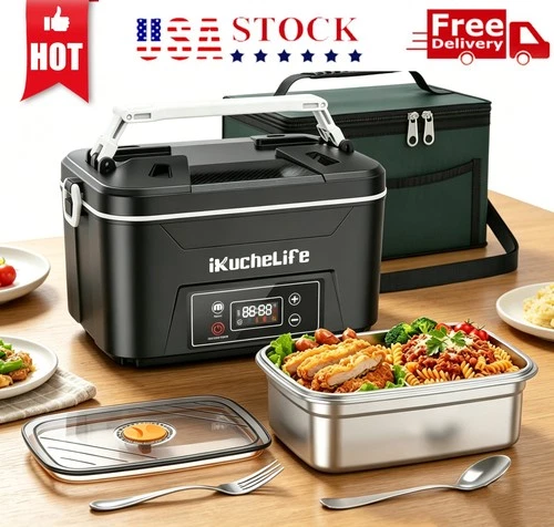 Wireless Heated Lunch Box,1.2L Rechargeable Portable Food Warmer with 24000mAh,e