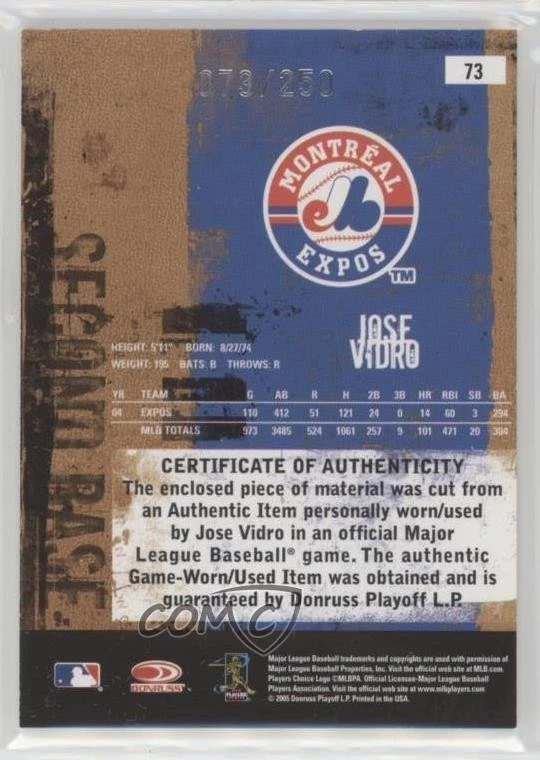 2005 Donruss Leather & Lumber Materials Bat /250 Jose Vidro #73 - Image 2 of 2