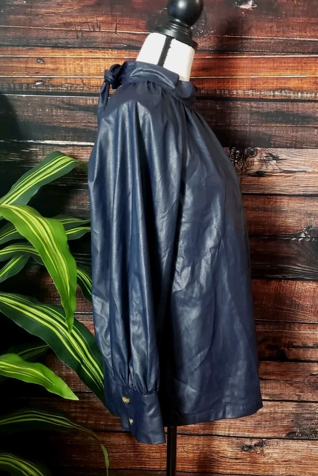 Blusa Rachel Comey Talla Grande Imitación Cuero Botón Lazo Trasero Top Mujer Azul Marino Foto 4 de 4