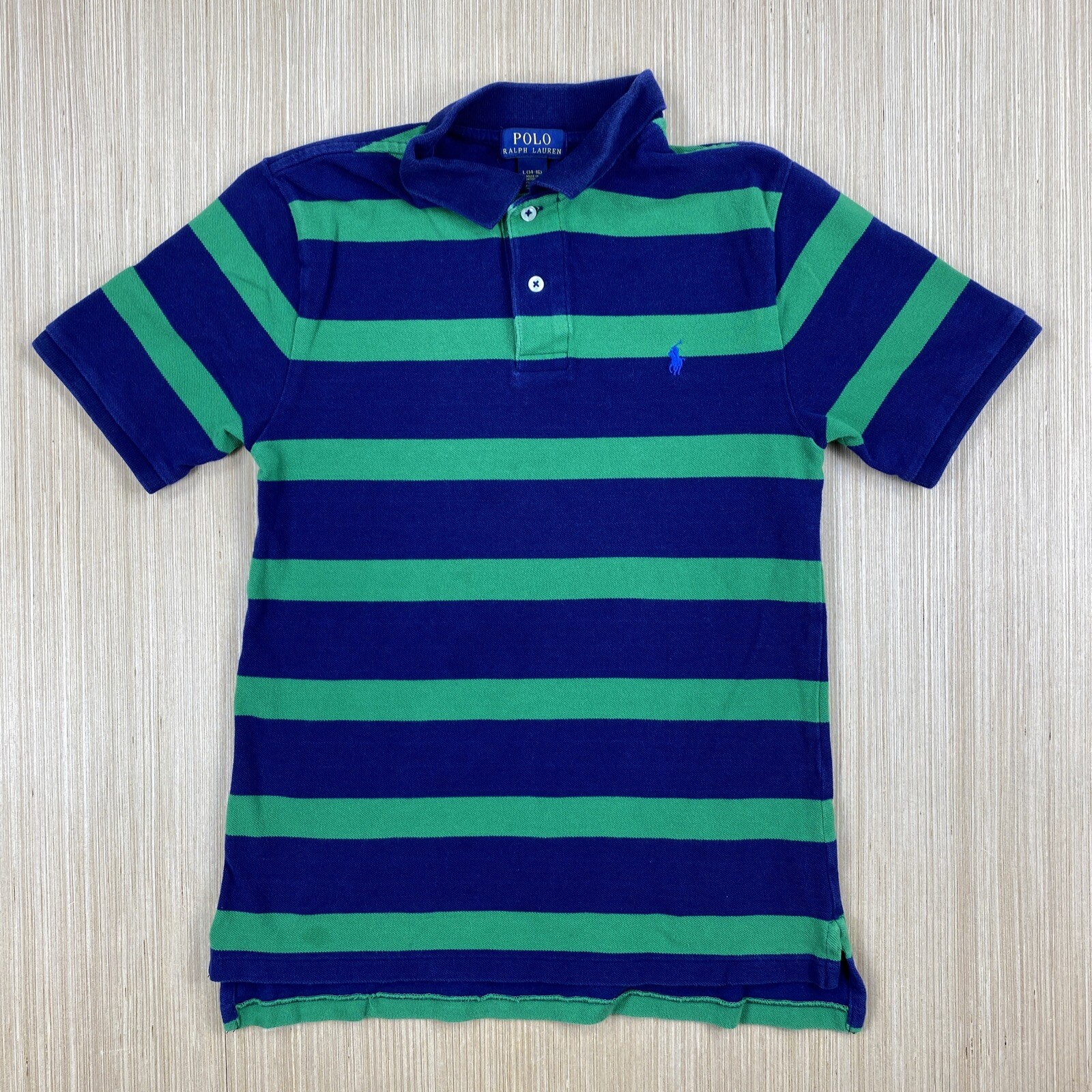 Polo Ralph Lauren camicia ragazzo L 14 16 blu verde maglia pesante piccolo pony preppy
