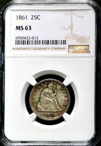 1861 25C Seated Liberty Quarter - NGC MS 63 - Colorful Iridescent Toning CC316