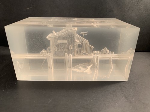 VTG Lucite Block Carving A Dock,Cabin, Boat & Sea Artist Signed Zenner 1974 Rare