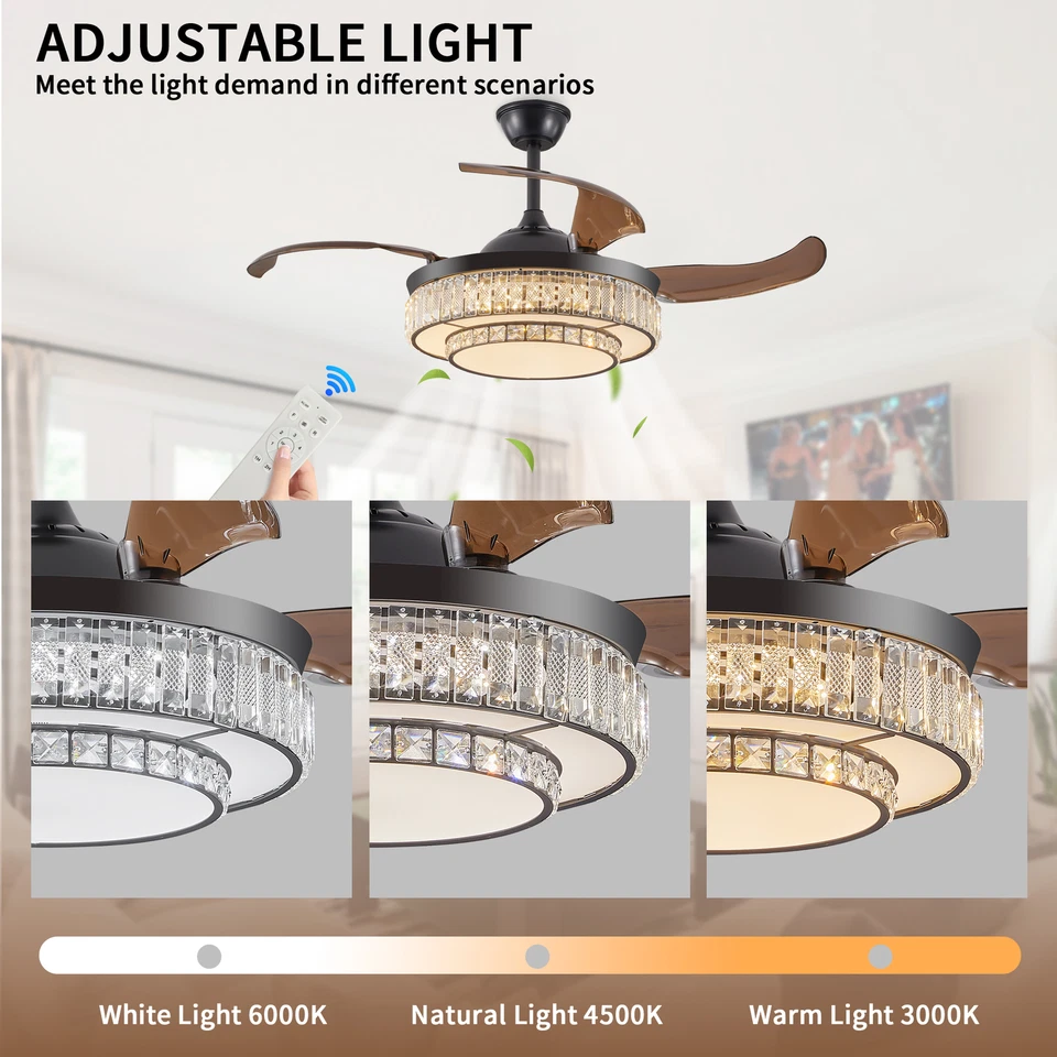 48 inch Ceiling Fan LED Crystal Light Black Retractable with Remote Control Kit - Image 3 of 4