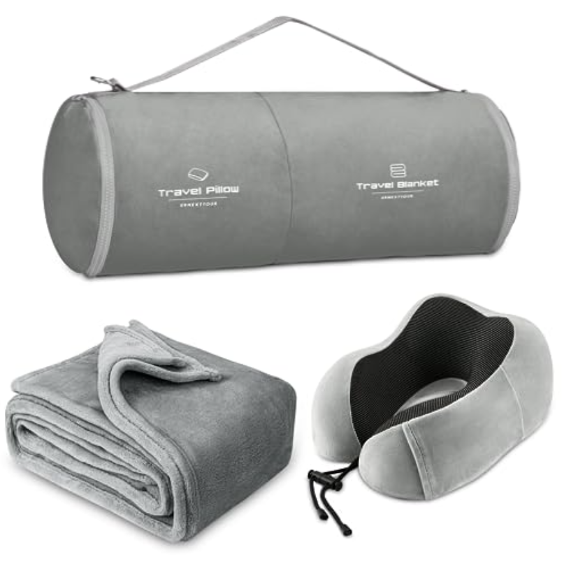 Travel Pillow and Blanket Set Neck Pillow Airplane Memory Foam Gray-image