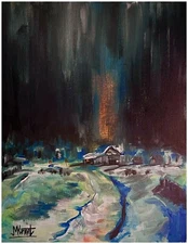 Original Nocturnal Buffalo NY Painting Night Colorful Landscape Barn Fauvism Art