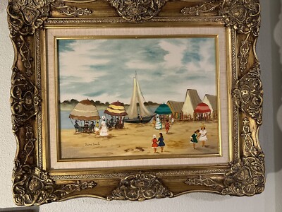 PIERRE DAVID (French XX)  At The Beach Oil on Canvas Victoria Frame