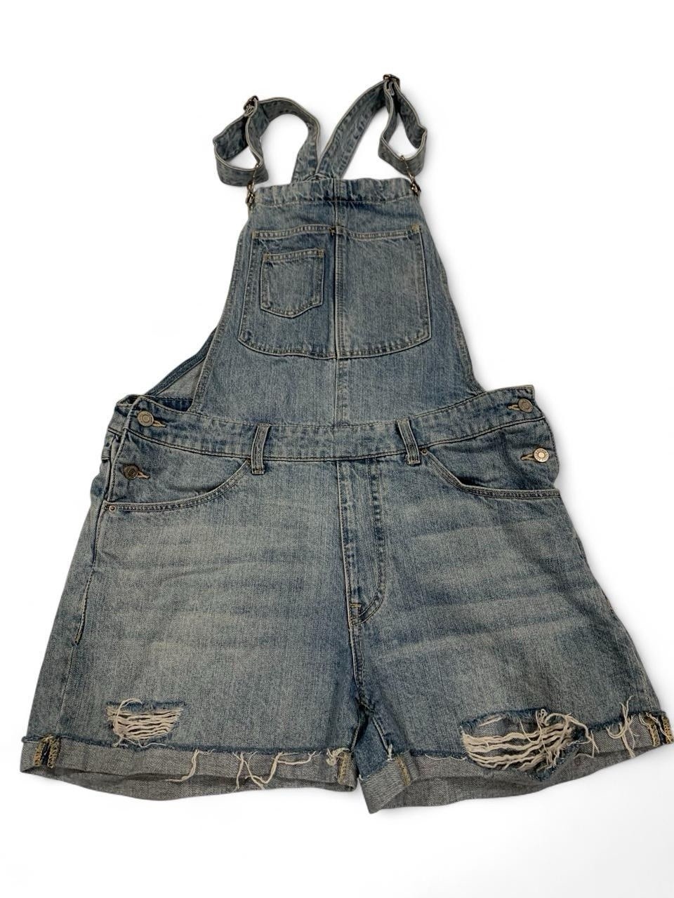 H&M Women's Blue Denim Overall Shortalls Size 10 Cotton Solid Button Pockets