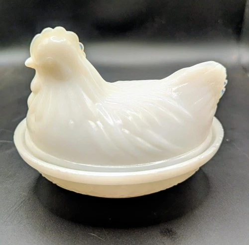 Vintage Milk Glass Hen On Nest Indiana Glass Baby Candy Dish Chicken Basket