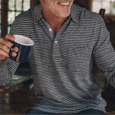 Faherty Gray Black white stripe Long Sleeve Polo Shirt NEW Size medium