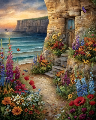 8x10 Cozy Storybook Beach Scene with Flowers and Door Art Print - 526301134