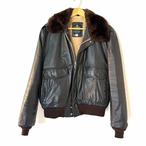 Cooper Black Men’s Leather Bomber Jacket Faux Fur Lined Fur Trim Collar Zip 44 - product listing photo
