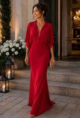 Norma Kamali Obie Jersey Red Deep V Neck Batwing Sleeve Maxi Dress Size 38 US M