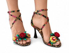 NWOT Betsey Johnson Floral Leopard Print Multicolor Floral Strappy Heel Sandals