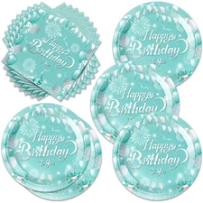 40 PCS Birthday Party Supplies Set Teal Silver Plates Napkins Tableware