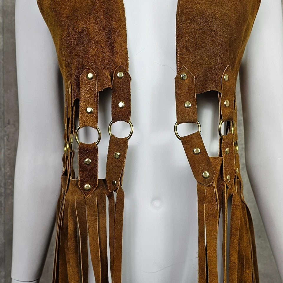Vintage 70s Fringe Vest Suede Leather Hippie Festival Western Boho Rings Brown - Image 4 of 4