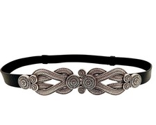 Chico  s Black Leather Belt M/L Silver Filigree Buckle Adjustable 27  43 Statement