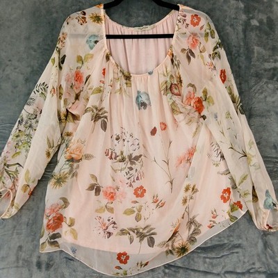 Viola Borghi Blouse Womens Large Pink Floral Silk Sheer Long Sleeve Made Italy