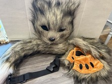 Wolf Faux Fur Ears Tail  Paw Gloves Set w/ Belt Strap Brown Orange