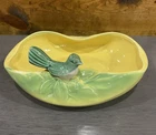 MCM Vintage McCoy Pottery Yellow Bowl Blue Green Bird On Leaves Planter 1950's