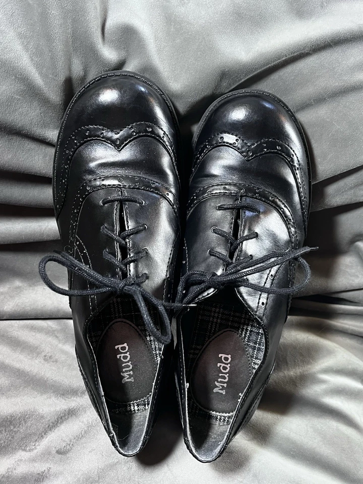 Zapatos De Colección Y2K Mudd Punta de Ala Talla 8 Negros Gruesos Oxford Academia Escuela Despegados Foto 3 de 4