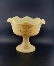 Vintage Hand Painted Fenton Satin Custrard Glass Vase With Ruffled Edge