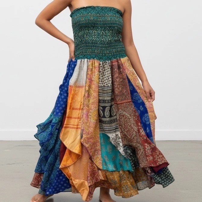 knee length dresses for ladies Floral Printed Long Dress: Modern Indian Gown by Raas USA main image 1
