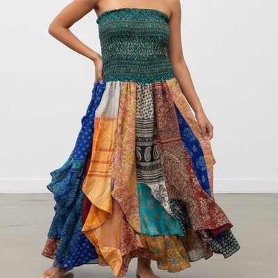India Boutique Patchwork Smocked Strapless Dress Free Size Gypsy hippie boho