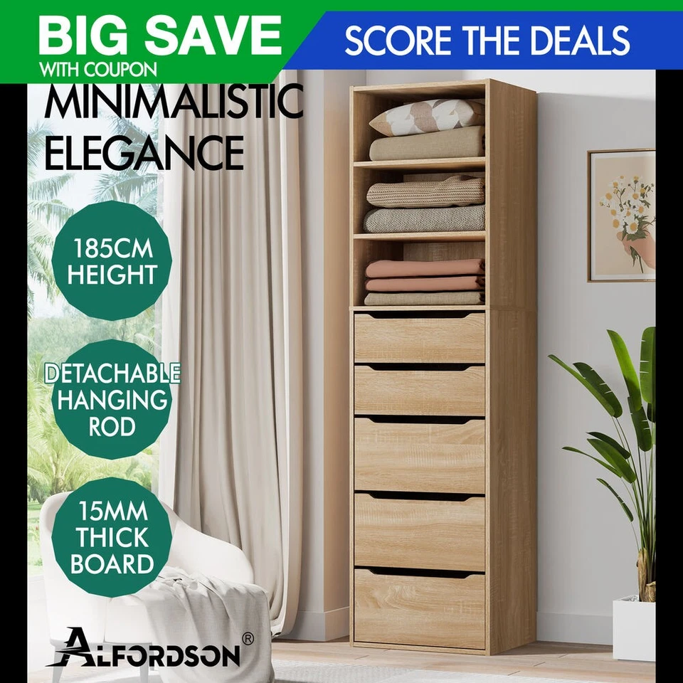 ALFORDSON Wardrobe Clothes Storage Cabinet Closet Organizer 5 Drawers Wood