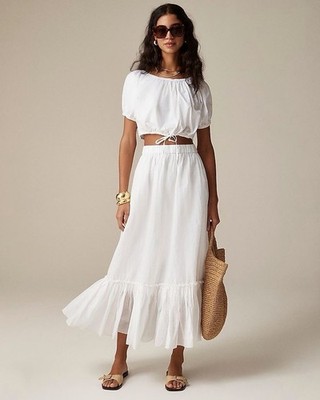 J.Crew Sz Small Amelia Maxi Skirt in Crinkle Cotton Elastic Waist In White NWOT