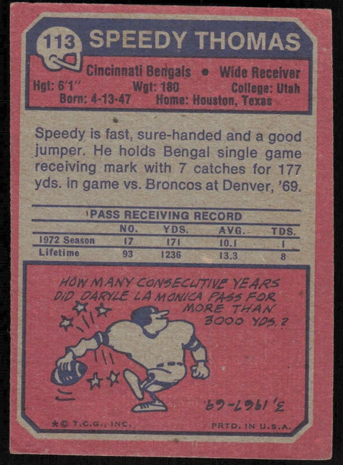 1973 Topps #113 Speedy Thomas RC - $1 SHIPPING (JB4) - Image 2 of 2