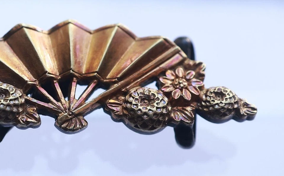 Accesorio Kimono Obidome Oro K18 Antigua Escultura Japonesa Abanico Plegable Flor Foto 3 de 4