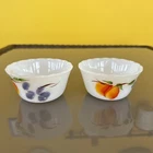 Pair Of Fire King Gay Fad Studios Peaches & Grapes Milk Glass Custard Cups Vtg