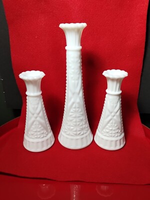 3 Vtg Anchor Hocking Milk Glass Vases 2 Short And 1 Tall Stars & Bars 6'' & 11''