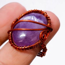 African Amethyst Gemstone Copper Ring Handcrafted Wire Wrap Ethnic Jewelry 7" P8