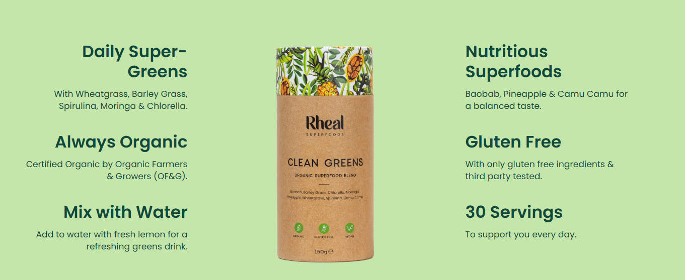 Rheal Superfoods Clean Greens 1 x 150g Nutritious Organic Plant