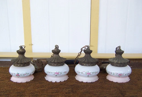 VTG C FALKENSTEIN ROSE FLORAL PINK WHITE MILK GLASS GLOBE HANGING SWAG LAMPS