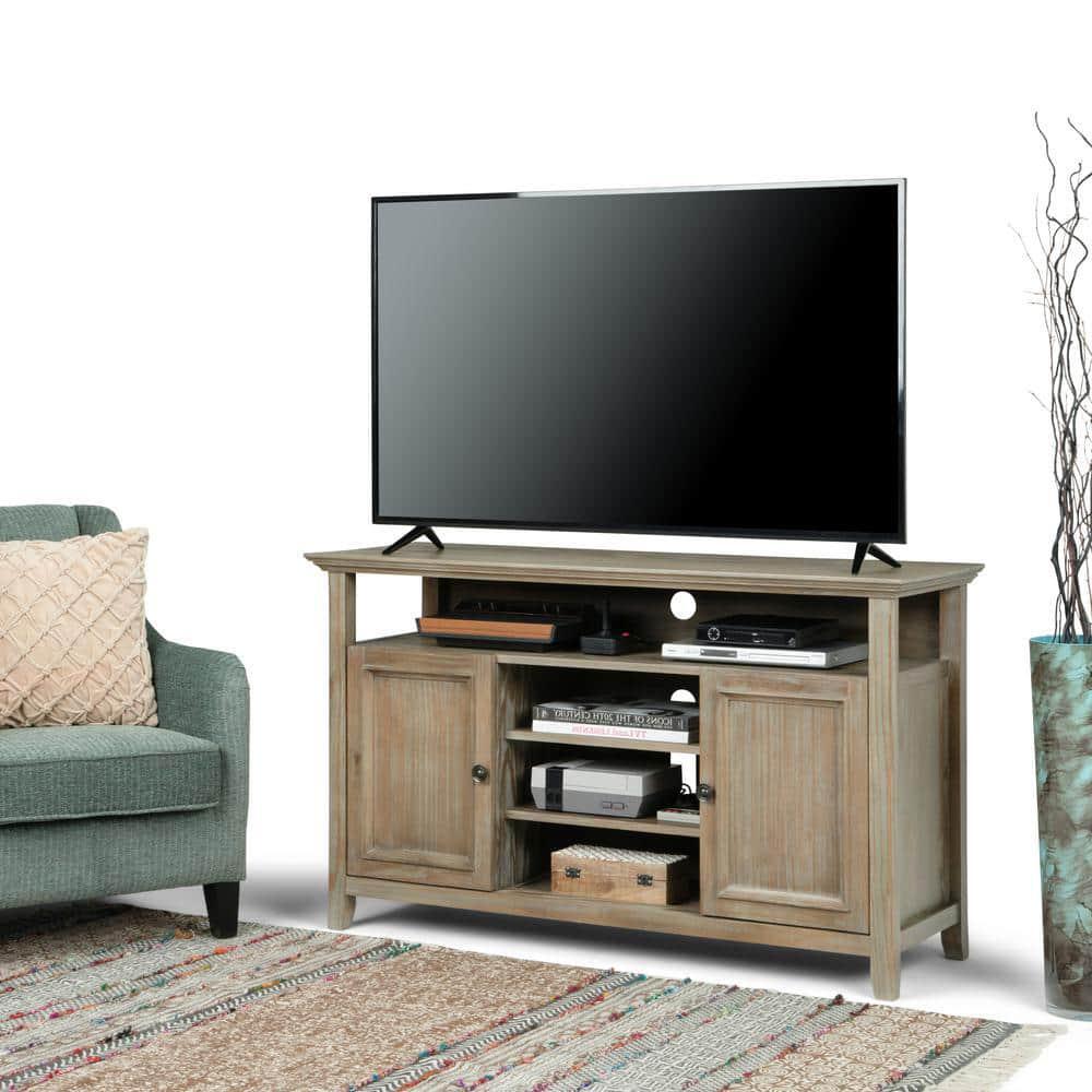 Simpli Home TV Stand 54 in Distressed Grey Wood Casual Contemporary Storage Door