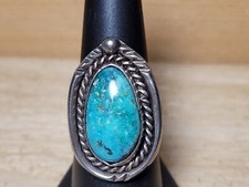 Large Southwest Style Sterling Silver And Turquoise Ring Rope Accents I-12446
