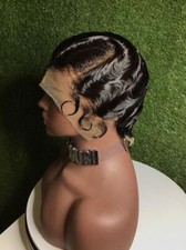 Short Black Bob Finger Wave Pixie Cut L part Lace Front Human Hair Wig For Women